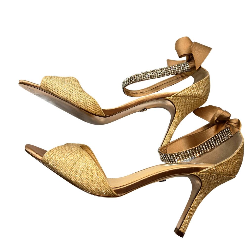 Nina 8 Gold Ribbon Bows Women's Sandal Shoe 3 1/2 Inch High Heel Sparkel - Picture 2 of 8